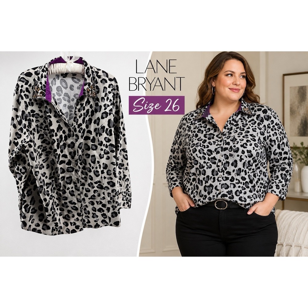 Lane Bryant Leopard Print Button Down Womens Sz 26 Plus Purple Jeweled Collar